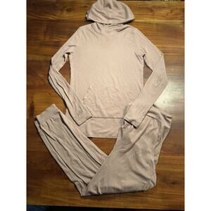 Commando Women’s Lt Brown 2pc Ribbed Hoodie Pants Lounge Set Outfit Sz Medium